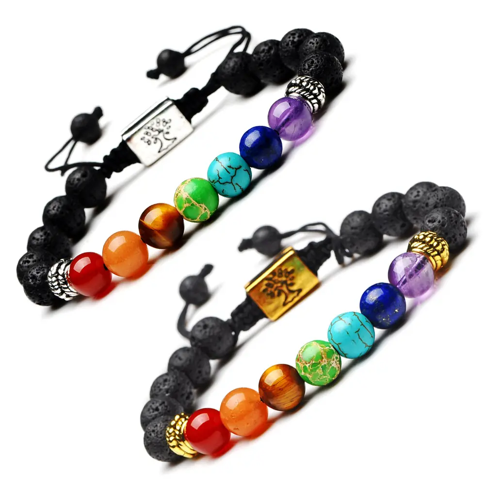 B1361 Rock Bead Elastic Natural Stones Gemstones Bangles Universe Galaxy Black Lava Stone Bracelet 8 Planets 7 Chakra Bracelets