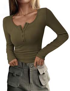 Femmes 2025 automne à manches longues t-shirts bouton côtelé tricot Slim Fit décontracté basique hauts Blouse - Product Image 2