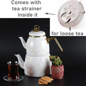 Set <span class=keywords><strong>da</strong></span> Tè Turco Vintage con Teiera Smaltata, Infusore, Tazze e <span class=keywords><strong>Bicchieri</strong></span> per Feste, Design Floreale, Origine Cina (Bianco-Oro) - Product Image 3
