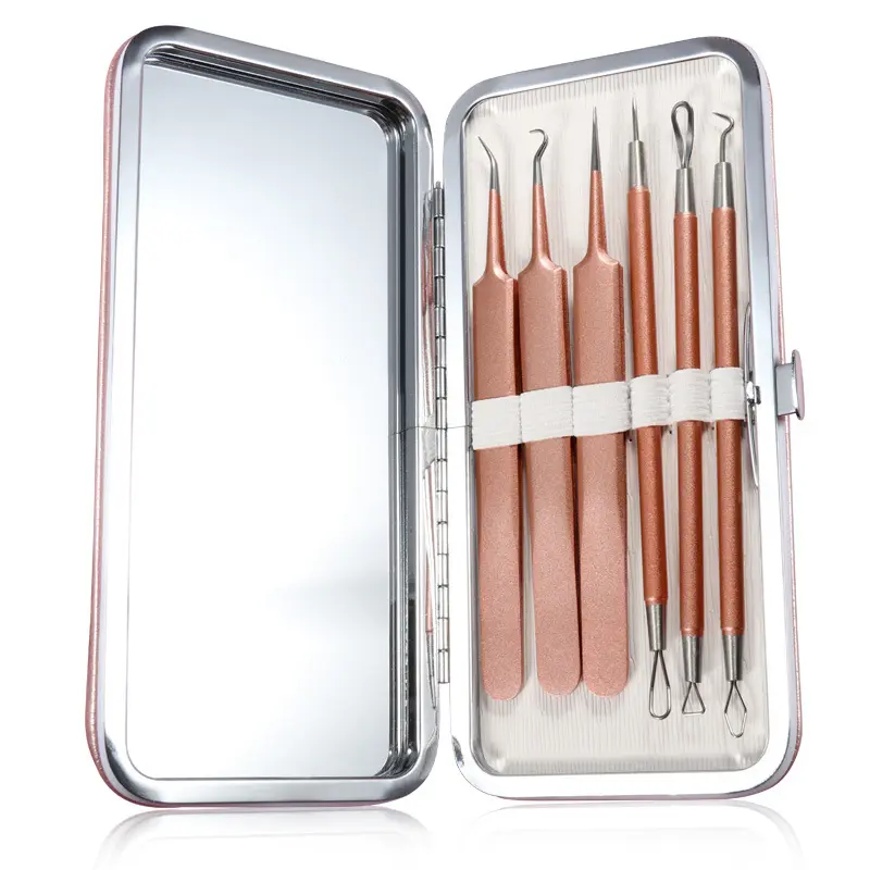 ROSE GOLD 6 Piece Set Stainless Steel Remover Kit Curved Blackhead Tweezers Kit Pimple Comedone Extractor Too
