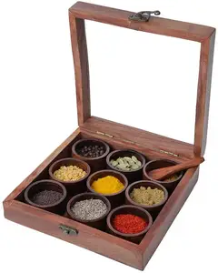 Boîte à épices en bois, avec 9 bocaux ronds, organisateur de porte-épices en bois, boîte de rangement d'épices de style bambou, récipient à épices marron