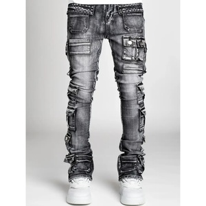 Jeans de Hombre Apilados Irregularmente, Diseño Personalizado al por Mayor, Lavado a la Piedra, Estilo Desgastado, Corte Recto Medio para Otoño/Invierno, Patchwork - Product Image 4