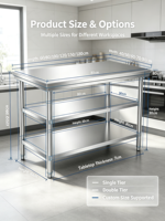 Table de travail en acier inoxydable 304 robuste avec étagère inférieure, facile à nettoyer, structure stable, pour la préparation culinaire
