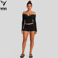 Nouveauté Automne Ensemble 2 Pièces Sport Femme : Hauts Sans Bretelles Épaules Dénudées Manches Longues et Pantalon Taille Haute Ample pour Gym, Yoga et Activités Sportives