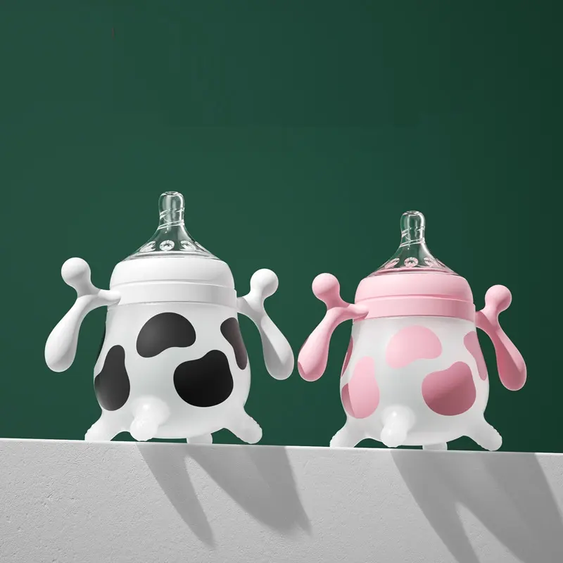 Cute Baby Bottles Cow Printed Baby Feeding Bottle Silicone Milk Silicone Baby Feeding Bottles With Handle