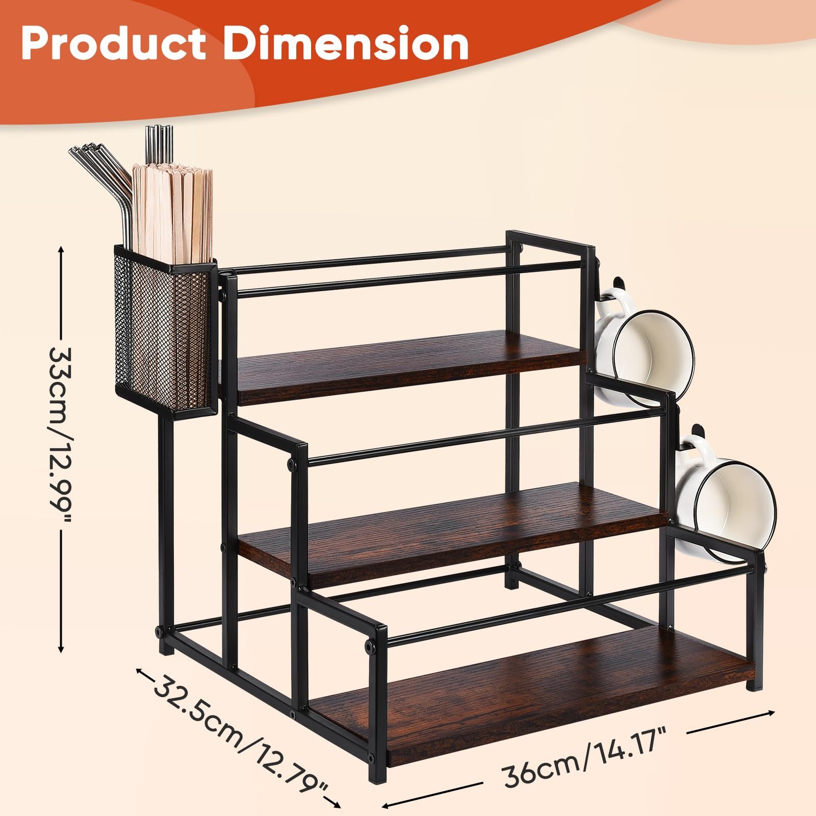 Ovicar Porte-sirop pour café - Support à 8 bouteilles de sirop pour bar à café, station de café, accessoire avec panier à capsules de café en paille, 2 niveaux, plan de travail