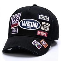 Cappello da Baseball Vintage Nero con Effetto Invecchiato, Multi Patch, Ricamo 3D, Cotone Strappato, Regolabile, Casual, per Uso Quotidiano e Street Style
