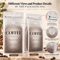 Emballage personnalisé pour grains de café à fond plat et finition mate avec valve de dégazage et pochette à fermeture éclair pour le stockage des grains de café