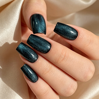Faux Ongles Magnétiques Carrés Moyens Effet Œil de Chat Vert Profond de Luxe, Finition Velours, Réutilisables, Couverture Complète, Kit Complet