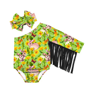 Combinaison asymétrique pour fille, motif tendance, en soie de lait imprimée, pour bébés et tout-petits, vêtements d'été à pompons, vente en gros - Product Image 4