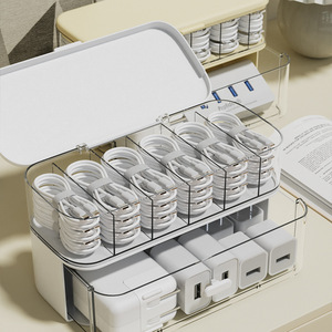 Cable Organizer With Lid And Compartments <b>Stackable</b> Desktop Charging Cable Management <b>Box</b> For Phone Chargers And Data Cables - Product Image 1