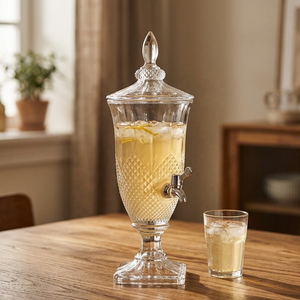 Embossed Glass Beverage <b>Dispenser</b> with Tap and Lid Transparent Large Capacity Cold <b>Drink</b> Tub for Home Party Wedding - Product Image 5