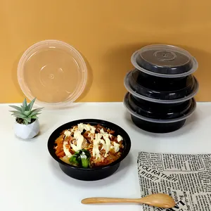 भोजन के लिए 1400 मिलीलीटर 48 औंस काले गोल पीपी प्लास्टिक भोजन तैयारी कटोरे ढक्कन के साथ डिस्पोजेबल प्लास्टिक कटोरा माइक्रोवेव पैकिंग कटोरा