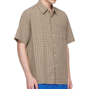 Tendency Spread Collar Oversize Short Sleeve Shirts 100% Cotton Poplin Blue & Khaki Plaid Shirt for Men's - Product Image 2