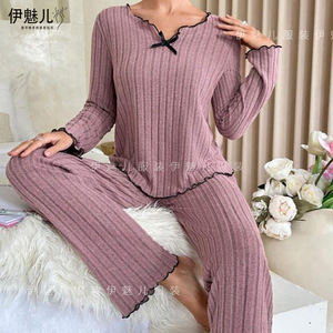 Cross-border European and American solid color autumn and winter pajama set with <b>bow</b>, women's home wear, long sleeves and - Product Image 5