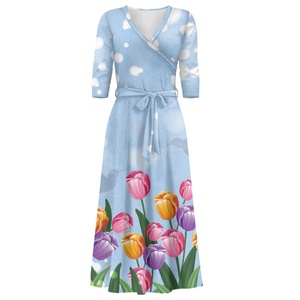Hot <strong>Tulip</strong> Print V-neck Belt Custom <strong>Dresses</strong> High Waist Maxi <strong>Dress</strong> A-Line Flowy Maxi <strong>Dresses</strong> Wholesale - Product Image 5