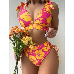Bloemen Patroon Print Dikke Hoge Taille Bikini Sets Trajes De Bao Para Mujer Extreme Micro String Bikini Foto 'S Beachwear