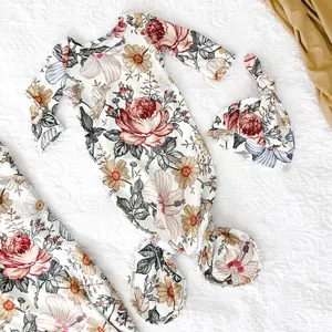 Pijamas Vintage con estampado Floral para recién nacidos, ropa de dormir de manga larga para bebé y niña, saco de dormir Súper suave, vestido anudado con sombrero