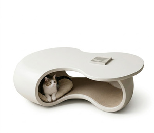Modern Curved Coffee Table <b>Cat</b> Cave 2-in-1 Design <b>Cat</b> Tunnel <b>Bed</b> Stylish Living Room Decor Pet House - Product Image 1
