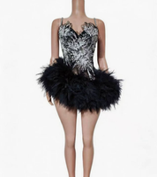 Robe de danse latine pour femmes avec plumes et strass blancs, bretelles spaghetti, maille transparente, costume de compétition de salsa et de tango