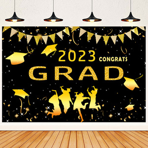 Graduation <b>Backdrop</b> Black <b>Gold</b> Congrats Grad Party Decoration Props Rectangle Digital Printing 4 Color Venue Setup - Product Image 2