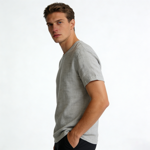 <span class=keywords><strong>T</strong></span>-shirt casual da uomo girocollo grigio chiaro in lino tinta unita, vestibilità comoda, traspirante, ecologica, leggera, per tutti i giorni - Product Image 1