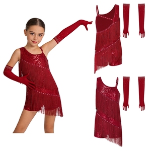Girls <b>Dance</b> Leotard Dress With Fringes And Gloves <b>Stage</b> Performance <b>Wear</b> For Latin Ballroom Dancing Kids 6-16 Years <b>Old</b> - Product Image 5