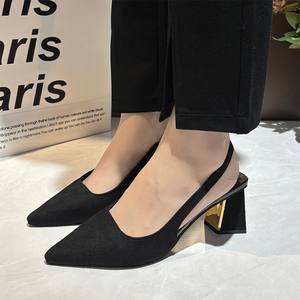 Sandales noires femmes été nouvelle mode femmes sandales pointues pompes femmes chaussures bureau robe chaussures Sexy talon carré chaussures hautes - Product Image 3