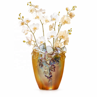 Vase en verre givré ambre avec applique florale 3D, vase floral haut iridescent, décoration d'intérieur, centre de table pour salon, mariage