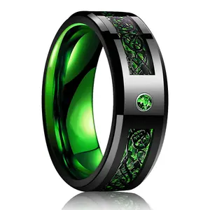 Mode 8Mm Mannen Rode Groef Afgeschuinde Rand Rvs Celtic Dragon Ring Zirkoon Inlay Rode Carbon Fiber Band Mannen Ring