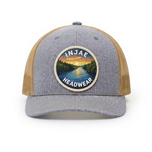 High Quality 5 Panel Grey Heather Custom Woven Patch Trucker Hat <b>Vintage</b> Brown Mesh Back Snapback Baseball <b>Cap</b> for Outdoor - Product Image 1