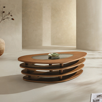 Table basse ovale moderne en placage de noyer avec plateau en verre trempé, finition mate, table centrale en bois pour salon, hôtel, villa, meubles