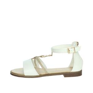 Sandali Patrizia Pepe da ragazza, bianchi e oro, con cinturino alla caviglia, scarpe estive piatte. - Product Image 1