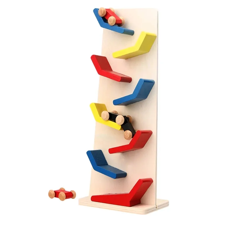 Giocattolo per bambini in legno giocattolo smontabile Slider Car 9 scala a Zigzag piccola puleggia Building Block Racing auto in legno pista Drop Glide Toy