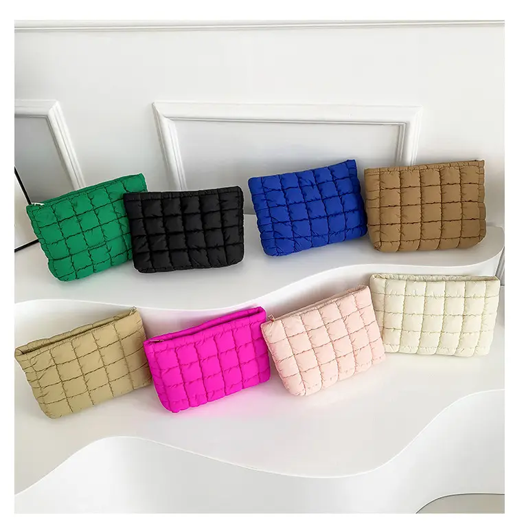 Cosmetic Portable Makeup Organizer Quilted Puffer Square Pouch Bag Ladies Puffer Bag Women's Zipper Clutch Bag