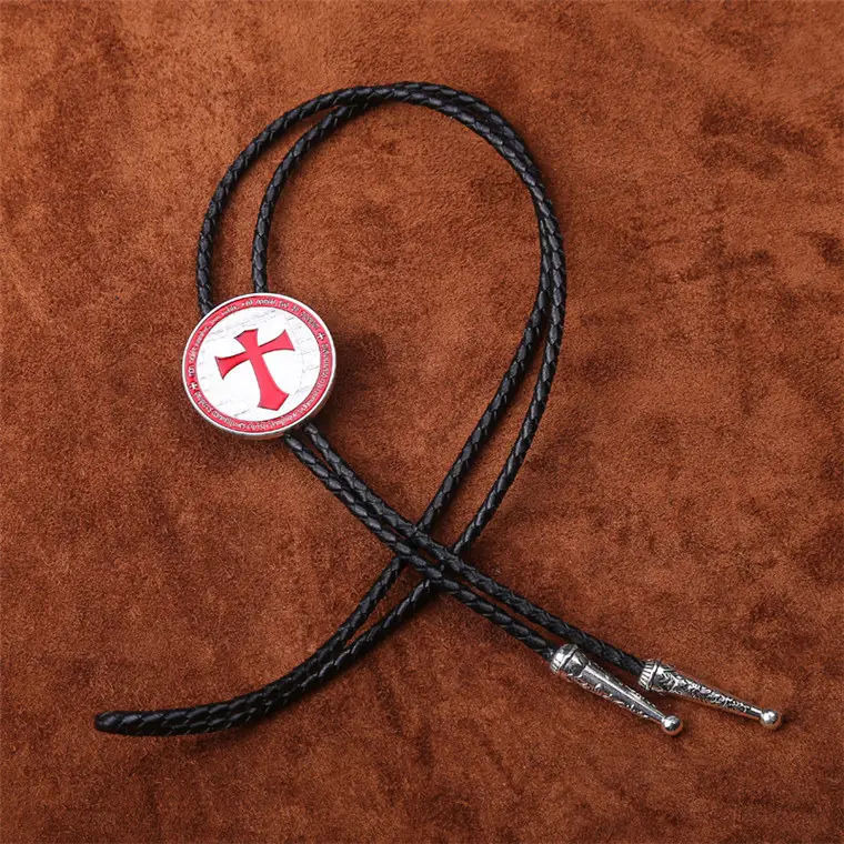 Rome Culture Black Red Cross Knight Alloy Leather Weaving Long Rope Chain Gift Accessories Shirt Bolo Tie Men Pendant Necklace