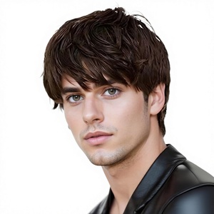 Perruque pour <span class=keywords><strong>homme</strong></span>, courte, droite et bouclée, marron/noir, volumineuse, avec frange oblique et soignée, <span class=keywords><strong>coiffure</strong></span> modifiable en une seule pièce - Product Image 1