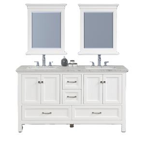 Mueble de Baño con Encimera de Mármol Carrara, Puertas de Cerámica con Cierre Suave, Construcción de Madera Maciza y Contrachapada, Espejo con Marco, Hecho en Vietnam - Product Image 1