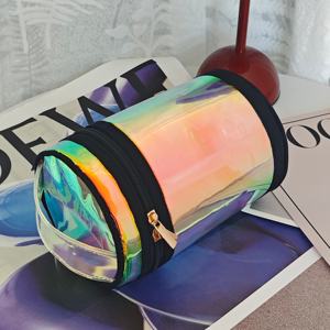 High End Cylinder Round Shape PVC <b>Bag</b> Laser Holographic Gradient Waterproof 10 inches <b>Makeup</b> <b>Bag</b> Women <b>Bag</b> - Product Image 4