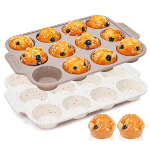 MUYULINS - Molde para Hornear Muffins y Cupcakes de Silicona, Color Beige, 12 Tazas, Antiadherente, Libre de BPA, con Marco Reforzado de Metal, Certificado LFGB - Product Image 1