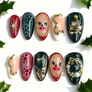 Ongles artificiels faits main, forme amande, couleur unie, électroplaqués, pièces d'ongles décoratives, ongles amovibles prêts à poser, manucure de Noël - Product Image 2