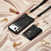 Étui de luxe en cuir pleine fleur 2026 avec bandoulière et fente magnétique amovible pour cartes, compatible iPhone 17, 16, 15 Pro Max