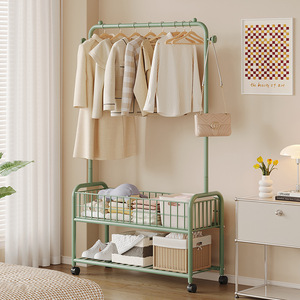 Portable Clothes Rack With <b>Storage</b> <b>Basket</b> And Wheels For Bedroom Clothing Organizer <b>Rectangle</b> Standing Type Mobile Drying Rack - Product Image 2