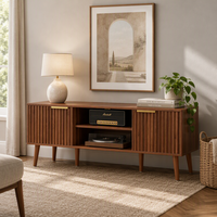 Meuble TV moderne du milieu du siècle de 54,3 pouces, console multimédia en bois avec rangement, convient aux téléviseurs jusqu'à 65 pouces, placage en noyer, meubles de salon