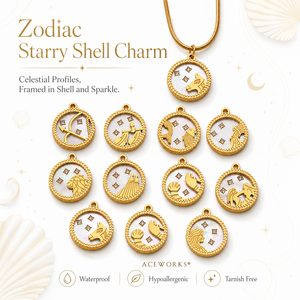 Amuleto de Concha con Diseño de Estrellas del Zodiaco |   Colgante de Horóscopo en Acero Inoxidable con Baño de Oro PVD de 18K y Circonitas |   Impermeable, Hipoalergénico y Resistente al Deslustre - Product Image 1