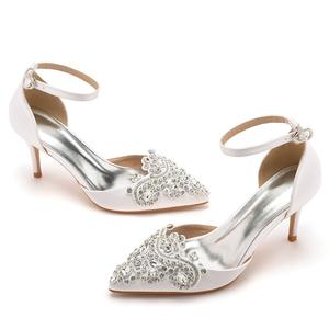 S6124F Scarpe da Sposa Bianche in Raso con <span class=keywords><strong>Tacco</strong></span> Alto a Punta di <span class=keywords><strong>7</strong></span> <span class=keywords><strong>cm</strong></span>, Decorate con Strass, Taglie Grandi - Product Image 5