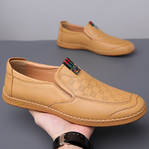 White Men's Loafers Slip-On Round Toe Genuine Leather Breathable <b>Rubber</b> Sole Casual Shoes - Product Image 4