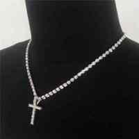 Chaîne Tennis en Cristal Complet Couleur Argent Collier Croix Minuscule Bijoux Collier Pendentif Croix en Pierre de Strass Complet