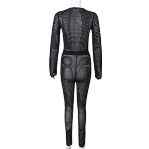 Bahar 2023 yeni seksi Mesh See Through uzun kollu üst yüksek belli pantolon seksi gece elbisesi iki parçalı Set - Product Image 4