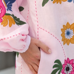 Robe élégante en coton et lin personnalisable, col rond, style décontracté, manches longues, robe midi d'été pour femmes - Product Image 5